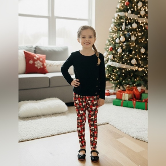 S NEW Girls Christmas Red Plaid Reindeer Leggings, Luxury Soft Yoga Pants - Picture 6 of 10